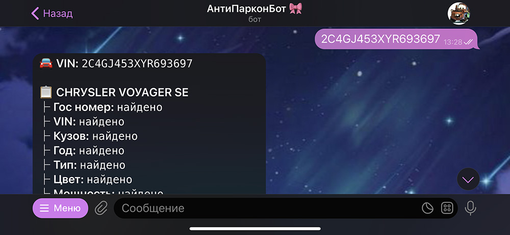 Проверка автомобиля в чат-боте АнтиПаркон